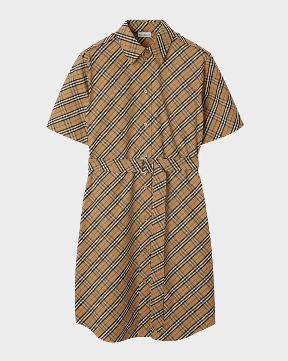 Check Short-Sleeve Belted Shirtdress